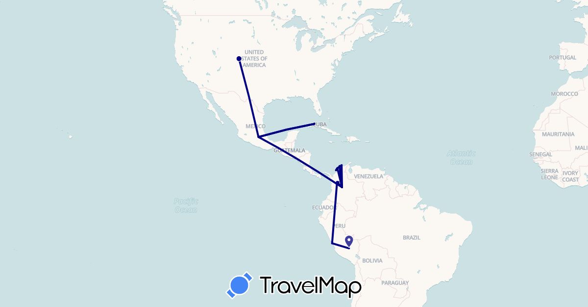 TravelMap itinerary: driving in Colombia, Cuba, Mexico, Peru, United States (North America, South America)